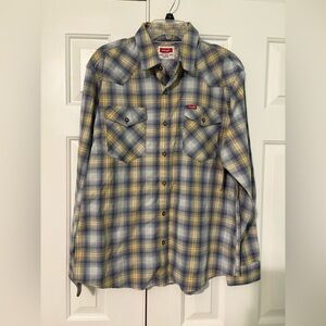 Wrangler Men’s Western Shirt Longsleeve Button Up Blue White Yellow Plaid Rodeo